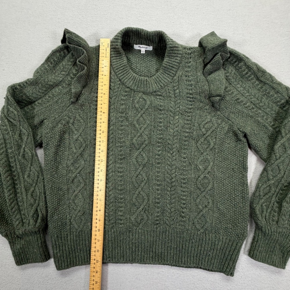Madewell Womens Sweater Regular Green Ruffle Cable Knit Merino Wool Large - Picture 2 of 7